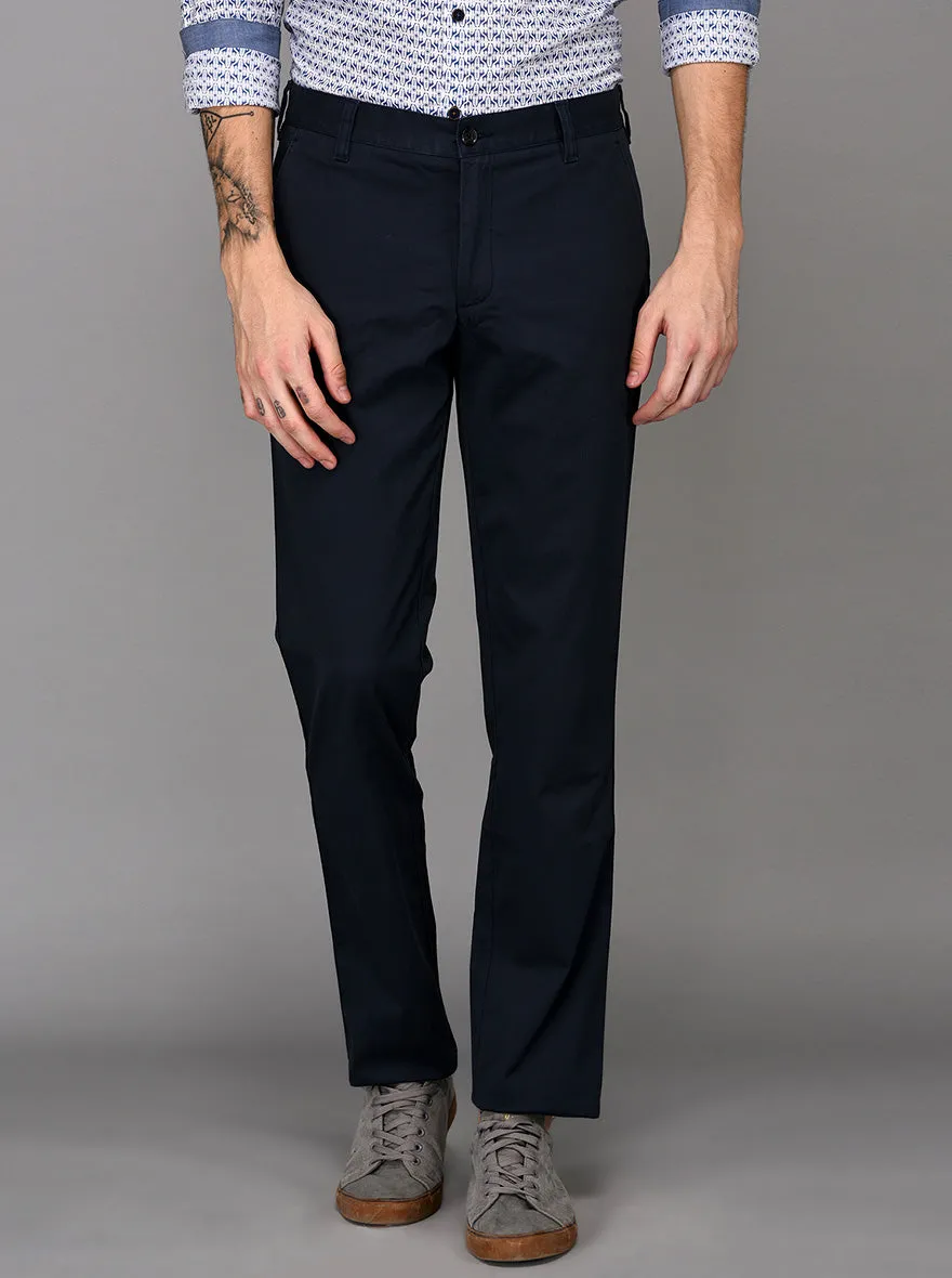 JadeBlue Navy Blue Self Textured Slim Fit Casual Trouser