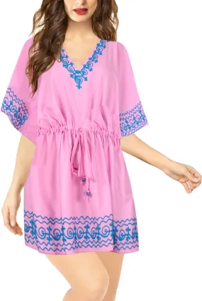 LA LEELA Bikini Swim Beach wear Swimsuit Cover ups Women Caftan Dress Solid OSFM 16-28W [XL- 4X] Pink_B59