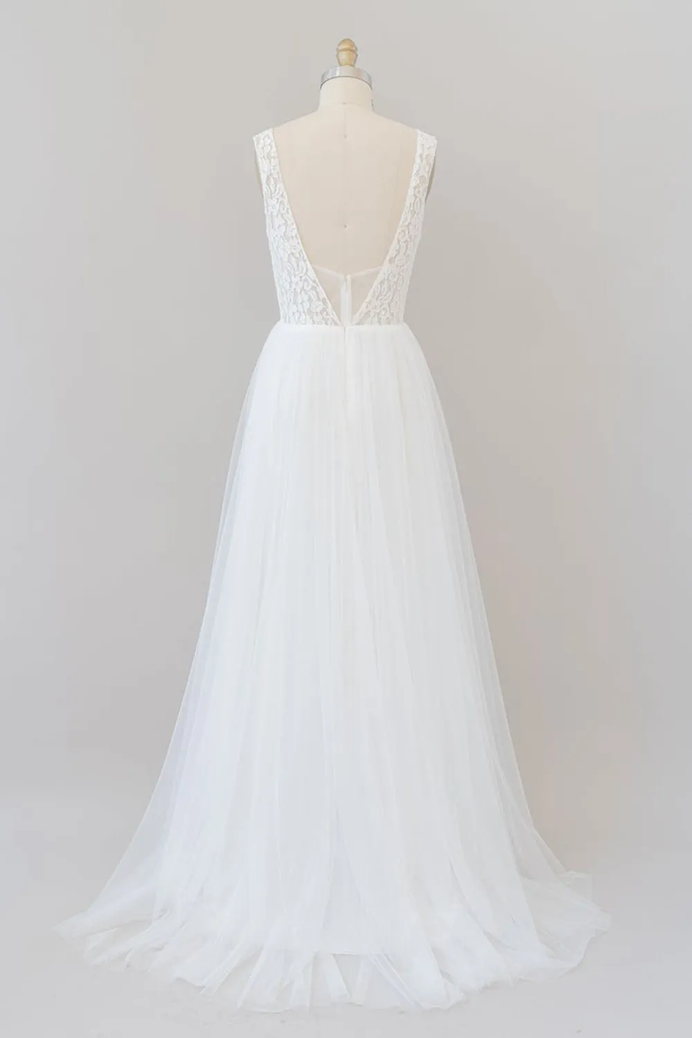 Long A-line Straps V-neck Chiffon Open Back Wedding Dress