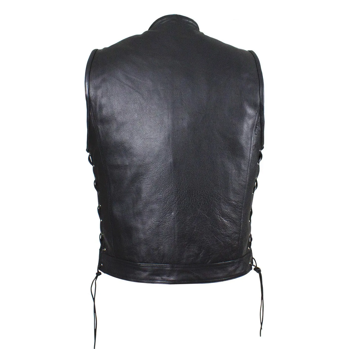 Mens Naked Leather Open Neck Snap/Zip Front Motorcycle Vest With Gun Pockets Solid Back