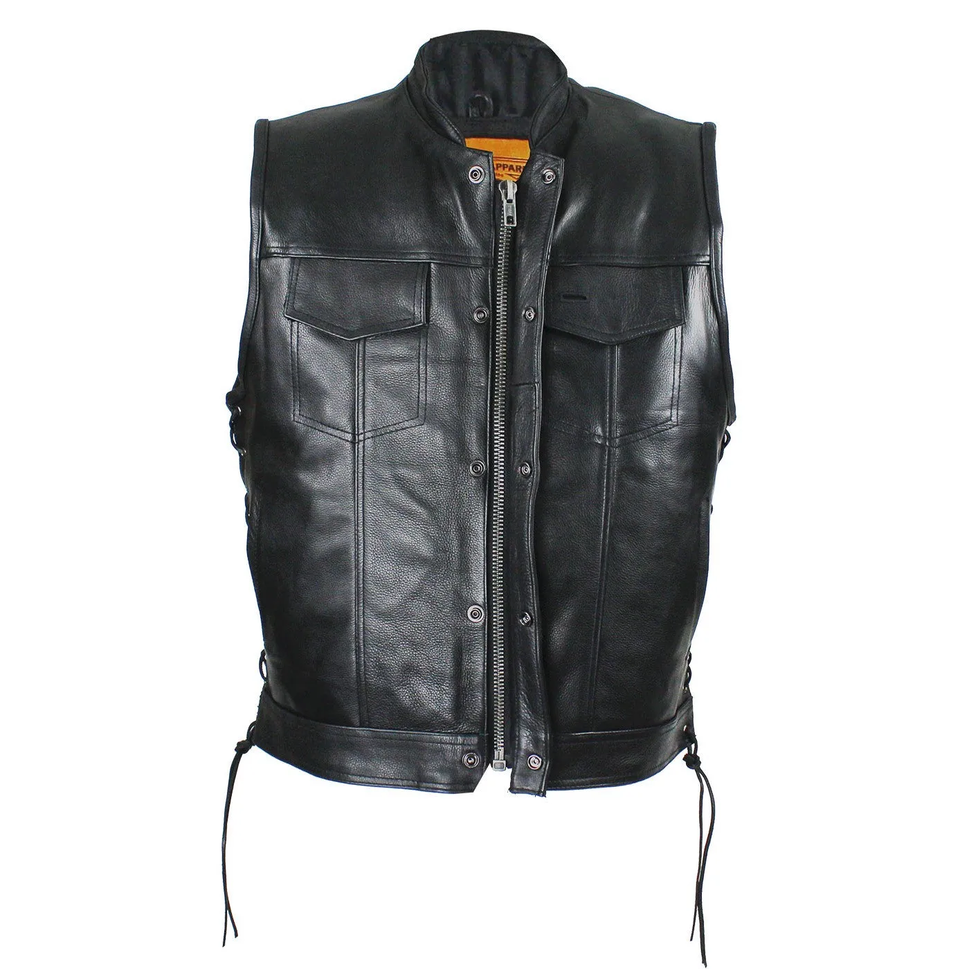 Mens Naked Leather Open Neck Snap/Zip Front Motorcycle Vest With Gun Pockets Solid Back