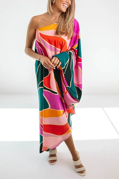 Multi Print Asymmetrical One Shoulder Dress