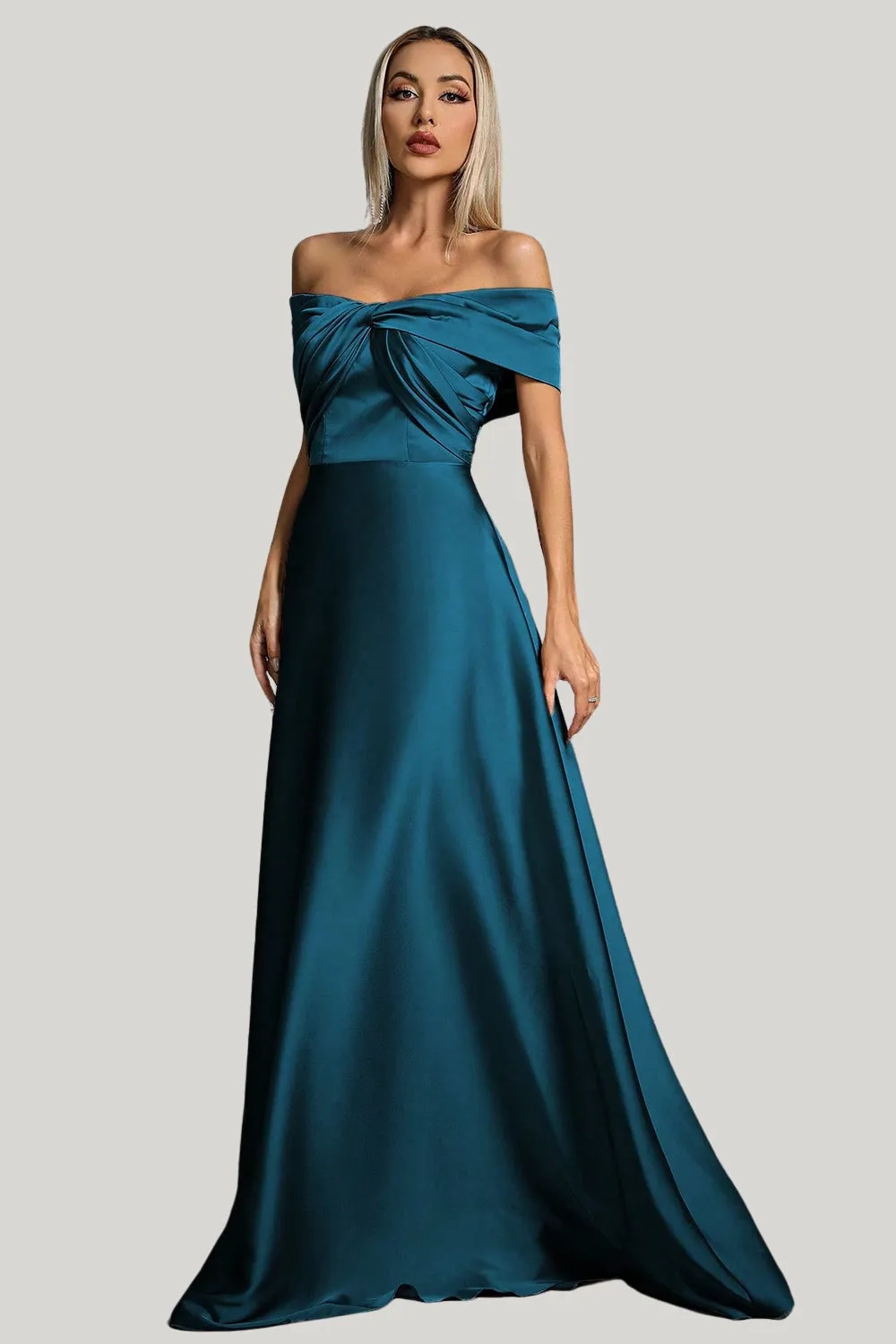 Peacock Blue Satin A Line Off the Shoulder Maxi Dress