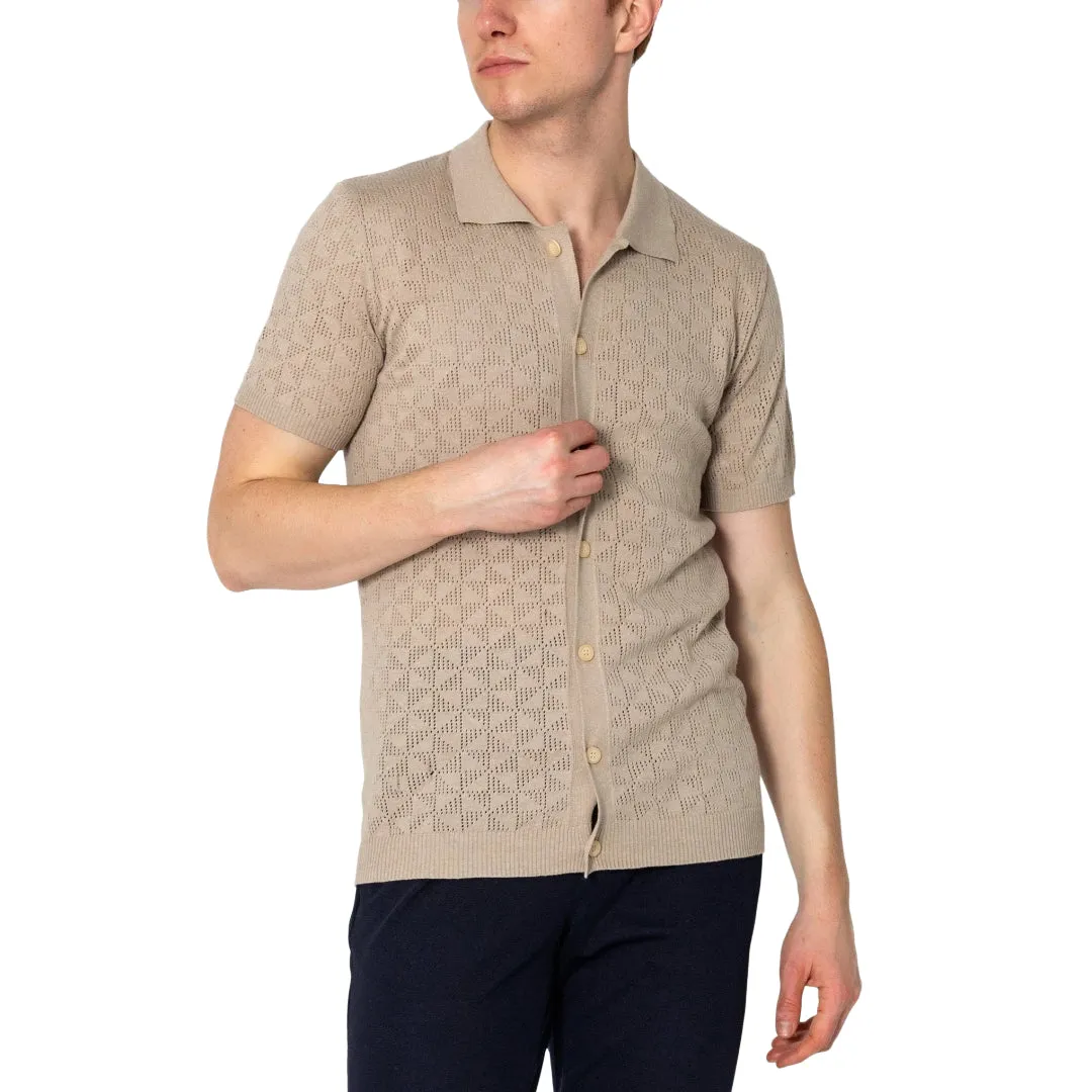 RNT23 Geometric crochet polo shirt stone