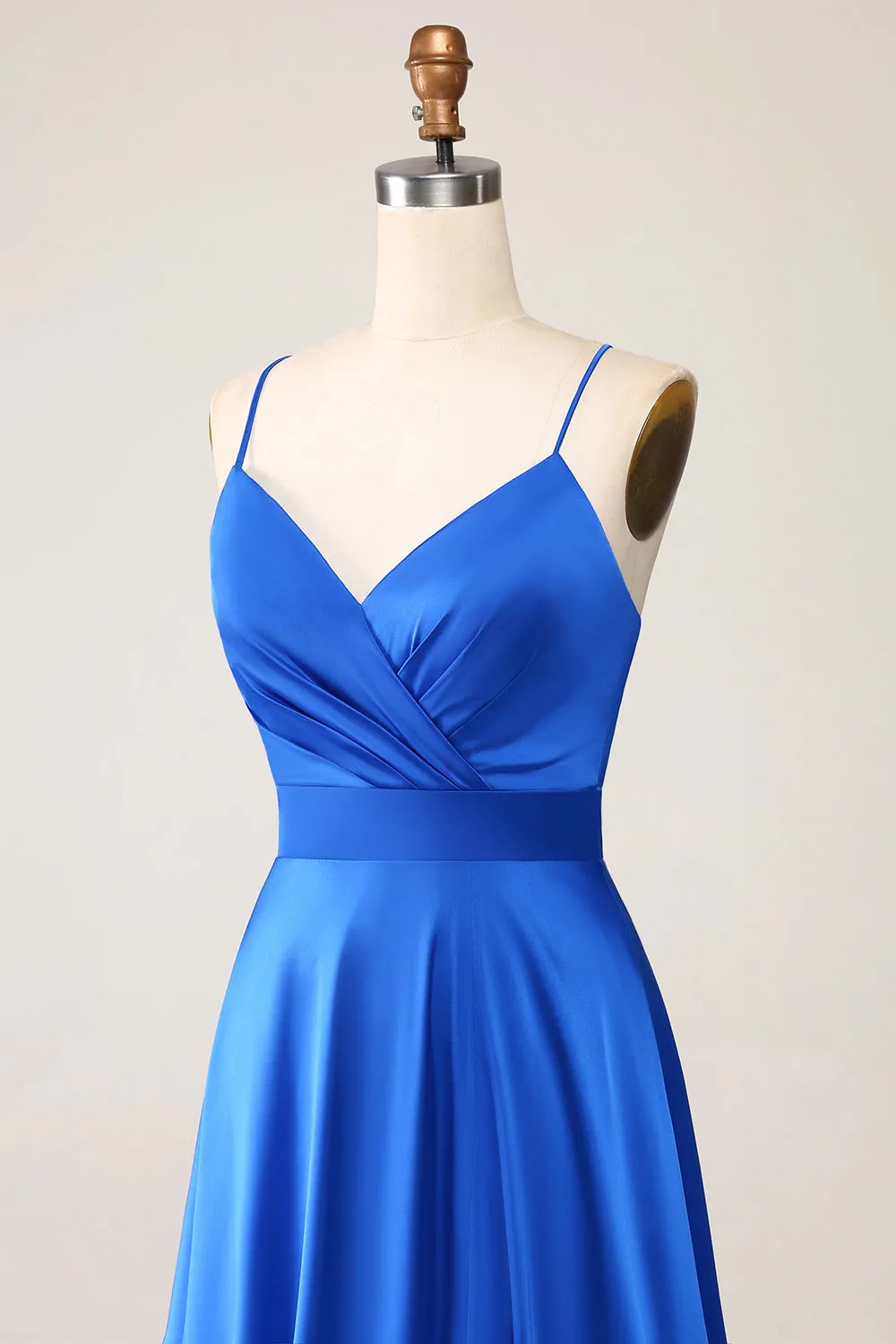 Royal Blue A Line Spaghetti Straps Satin Prom Dress with Slit