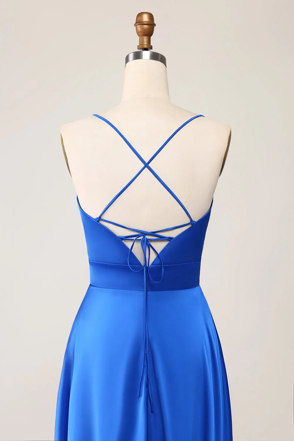 Royal Blue A Line Spaghetti Straps Satin Prom Dress with Slit