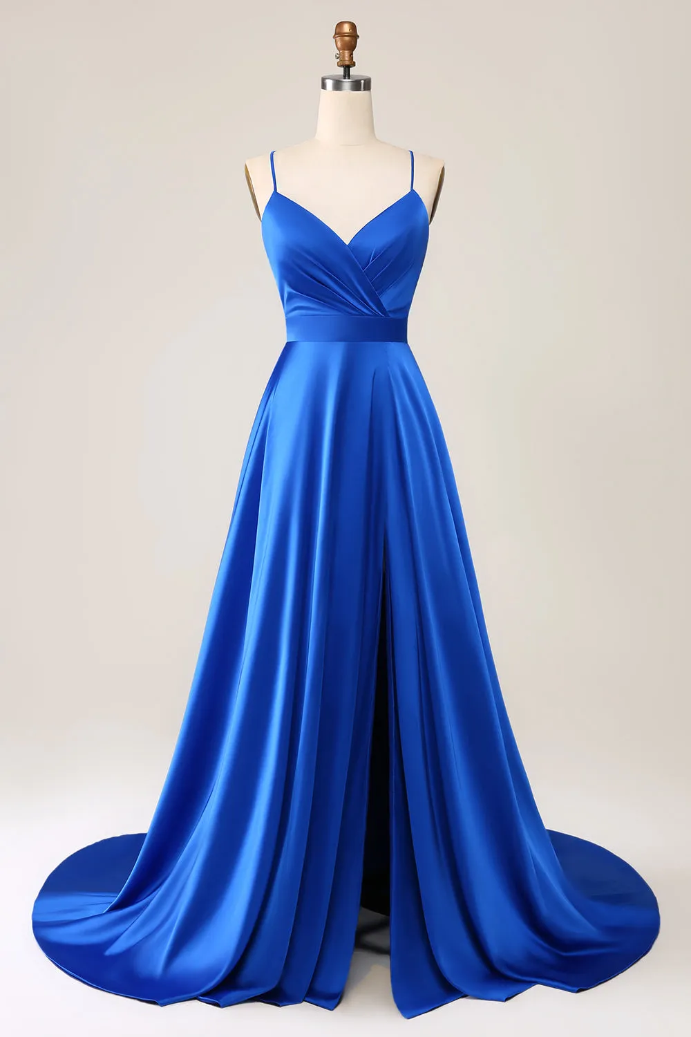 Royal Blue A Line Spaghetti Straps Satin Prom Dress with Slit