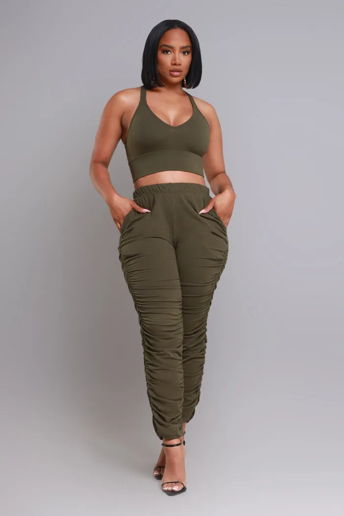 Slammed Cropped Ruched Jogger Set - Olive