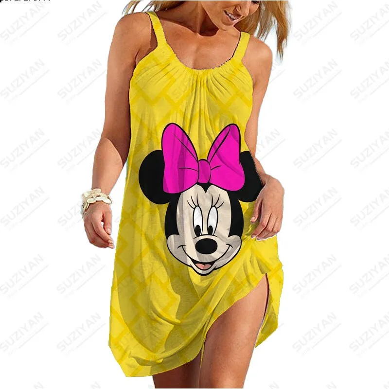 Summer New Sexy Strap Beach Dress Color Background Disney 3D Printed Women's Sleeveless Dress Hawaii Casual U-Neck Beach Dress