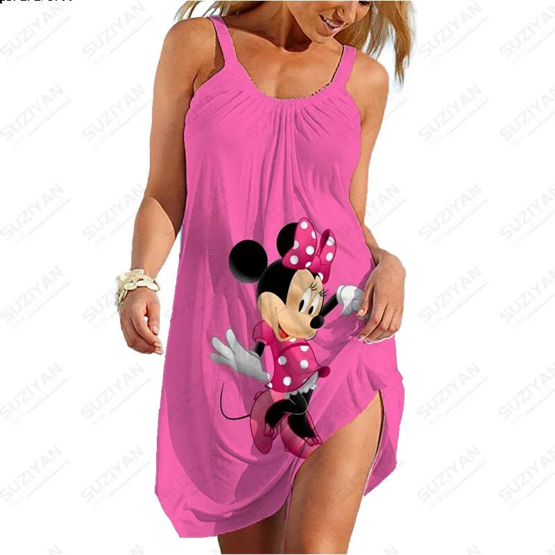 Summer New Sexy Strap Beach Dress Color Background Disney 3D Printed Women's Sleeveless Dress Hawaii Casual U-Neck Beach Dress