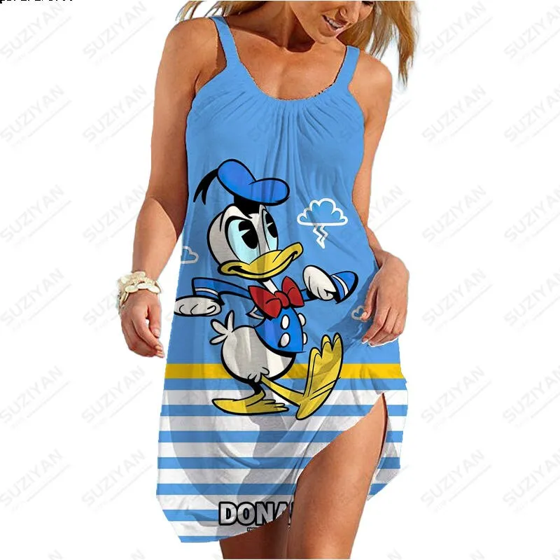 Summer New Sexy Strap Beach Dress Color Background Disney 3D Printed Women's Sleeveless Dress Hawaii Casual U-Neck Beach Dress