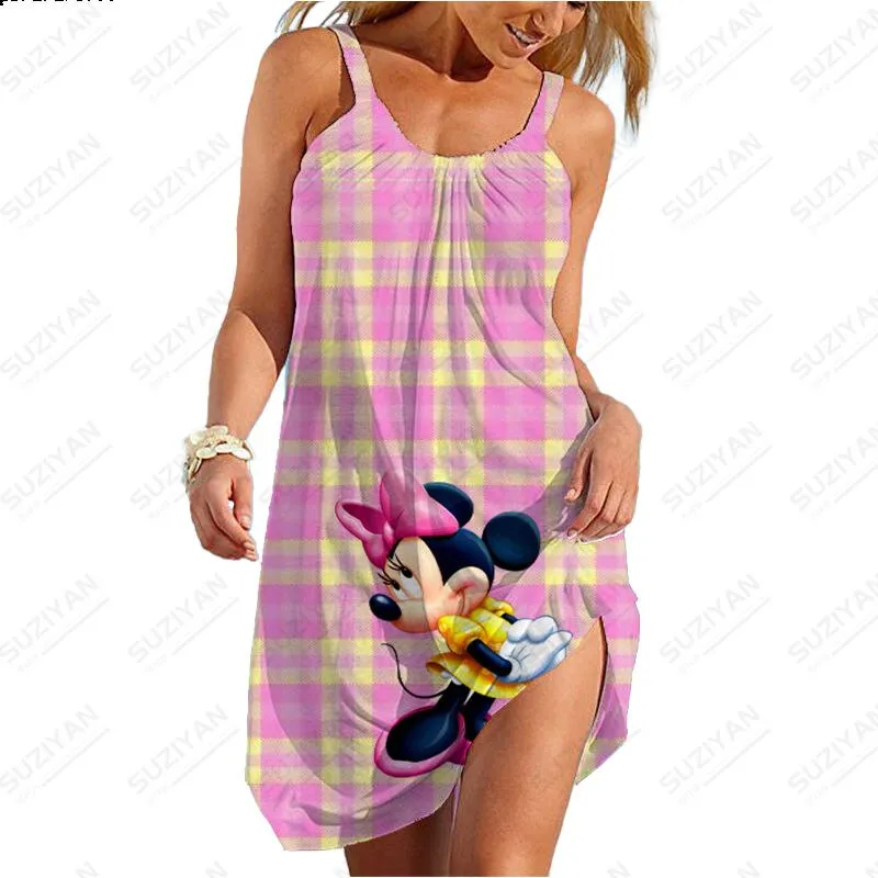 Summer New Sexy Strap Beach Dress Color Background Disney 3D Printed Women's Sleeveless Dress Hawaii Casual U-Neck Beach Dress