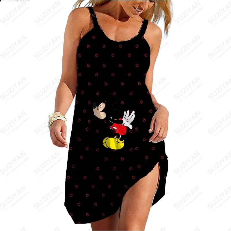 Summer New Sexy Strap Beach Dress Color Background Disney 3D Printed Women's Sleeveless Dress Hawaii Casual U-Neck Beach Dress