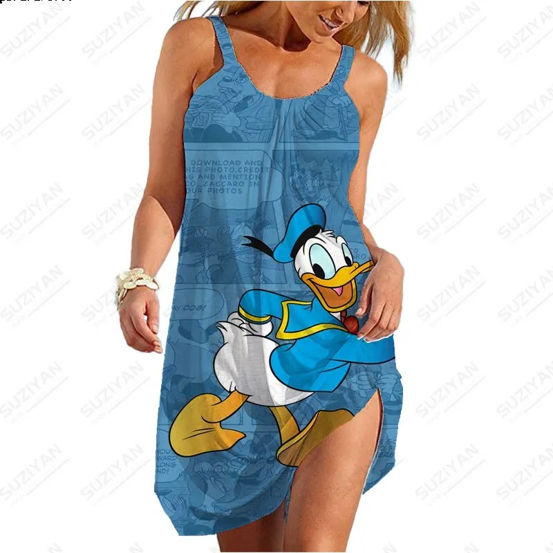 Summer New Sexy Strap Beach Dress Color Background Disney 3D Printed Women's Sleeveless Dress Hawaii Casual U-Neck Beach Dress