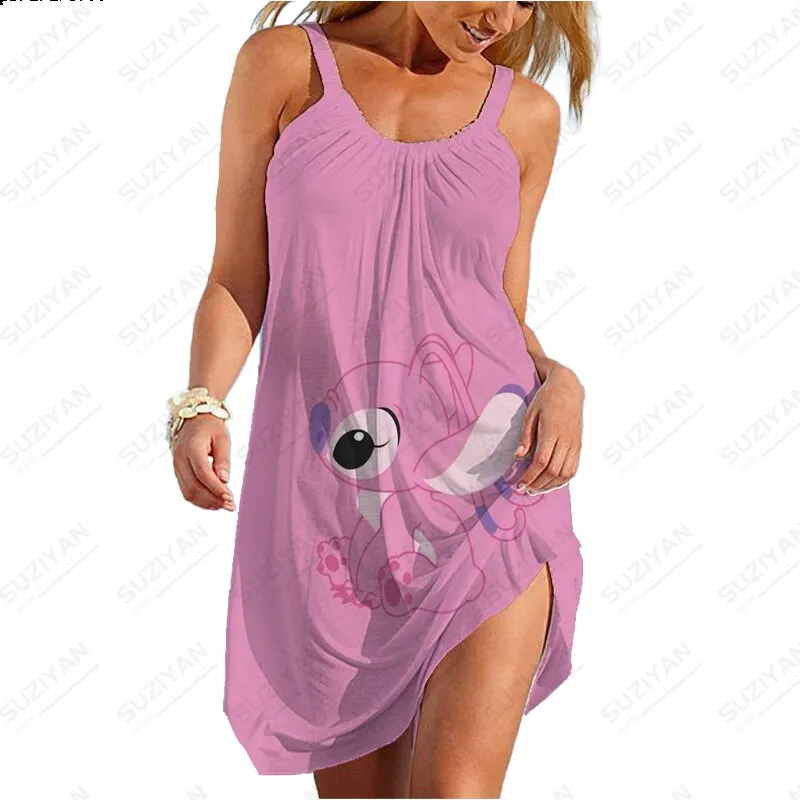 Summer New Sexy Strap Beach Dress Color Background Disney 3D Printed Women's Sleeveless Dress Hawaii Casual U-Neck Beach Dress