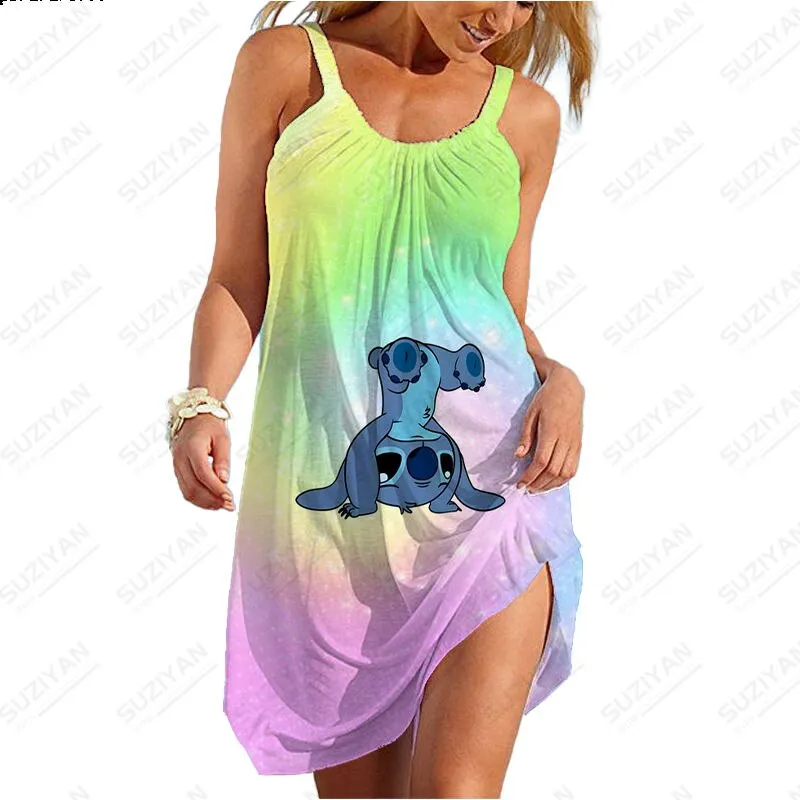 Summer New Sexy Strap Beach Dress Color Background Disney 3D Printed Women's Sleeveless Dress Hawaii Casual U-Neck Beach Dress