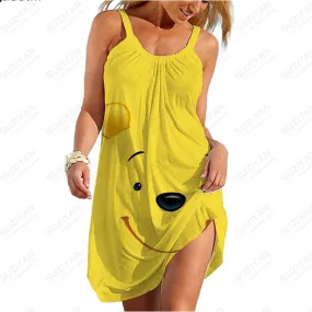 Summer New Sexy Strap Beach Dress Color Background Disney 3D Printed Women's Sleeveless Dress Hawaii Casual U-Neck Beach Dress