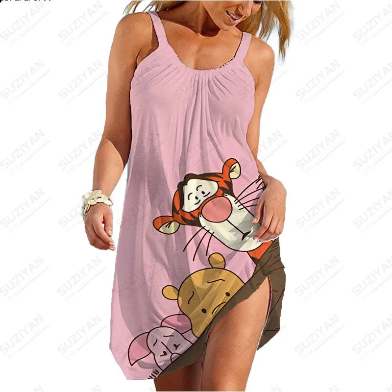 Summer New Sexy Strap Beach Dress Color Background Disney 3D Printed Women's Sleeveless Dress Hawaii Casual U-Neck Beach Dress