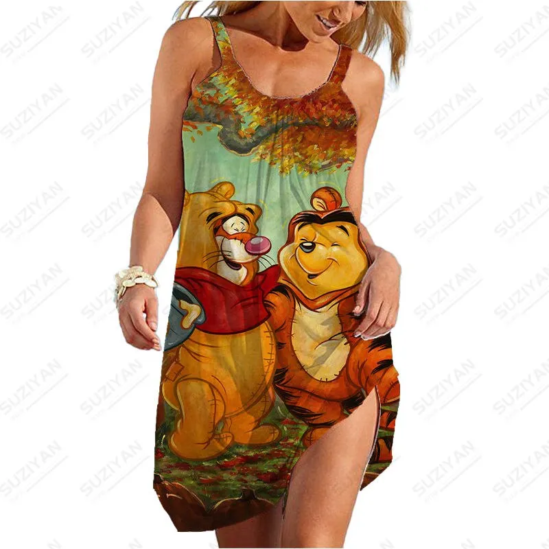 Summer New Sexy Strap Beach Dress Color Background Disney 3D Printed Women's Sleeveless Dress Hawaii Casual U-Neck Beach Dress