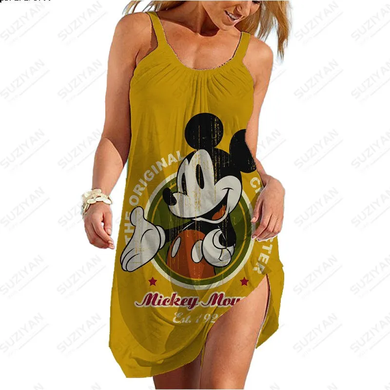 Summer New Sexy Strap Beach Dress Color Background Disney 3D Printed Women's Sleeveless Dress Hawaii Casual U-Neck Beach Dress