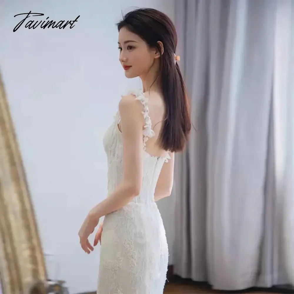 TAVIMART -  Spaghetti Strap Celebrity Dresses Mermaid Sleeveless Floor Length Embroidery French Style Beach Party Bride Beach Party Gowns