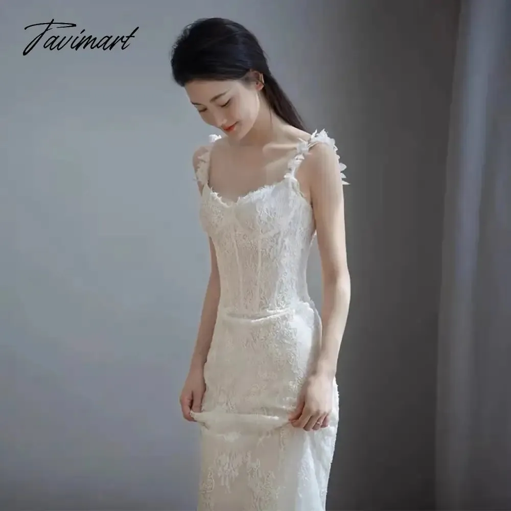 TAVIMART -  Spaghetti Strap Celebrity Dresses Mermaid Sleeveless Floor Length Embroidery French Style Beach Party Bride Beach Party Gowns