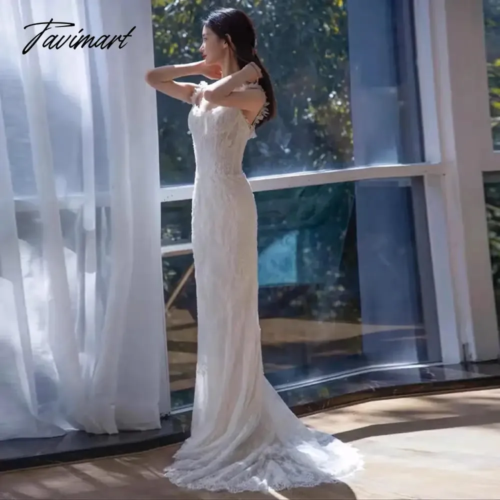 TAVIMART -  Spaghetti Strap Celebrity Dresses Mermaid Sleeveless Floor Length Embroidery French Style Beach Party Bride Beach Party Gowns