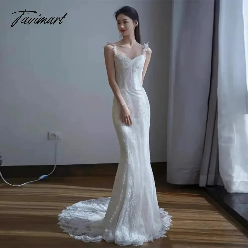 TAVIMART -  Spaghetti Strap Celebrity Dresses Mermaid Sleeveless Floor Length Embroidery French Style Beach Party Bride Beach Party Gowns