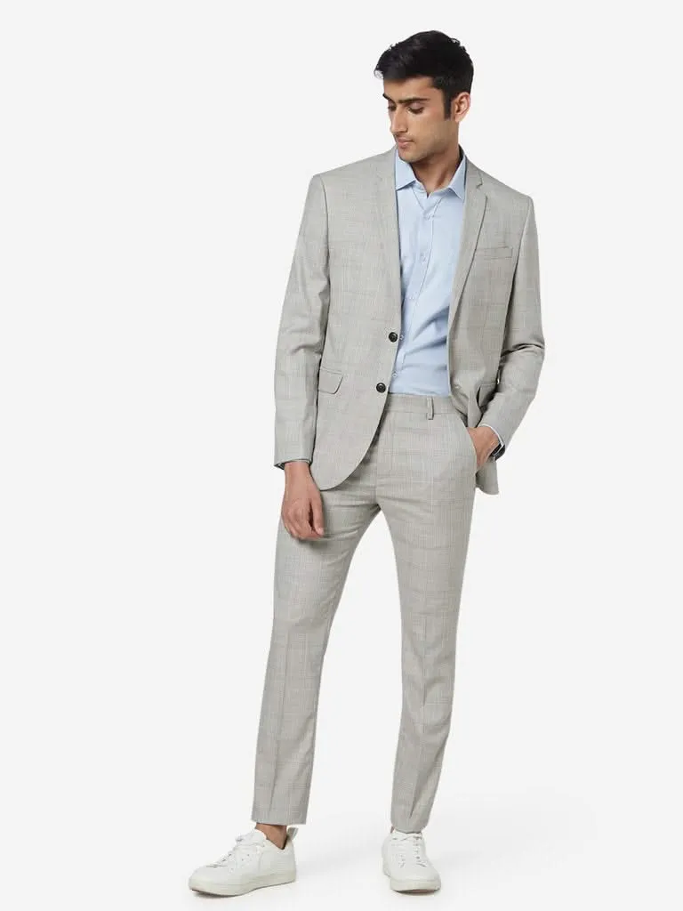 WES Formals Beige Check Ultra-Slim Fit Trousers