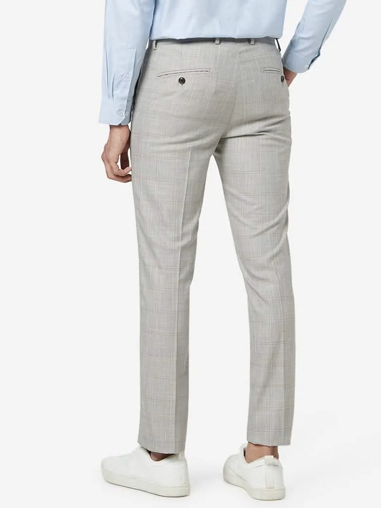 WES Formals Beige Check Ultra-Slim Fit Trousers